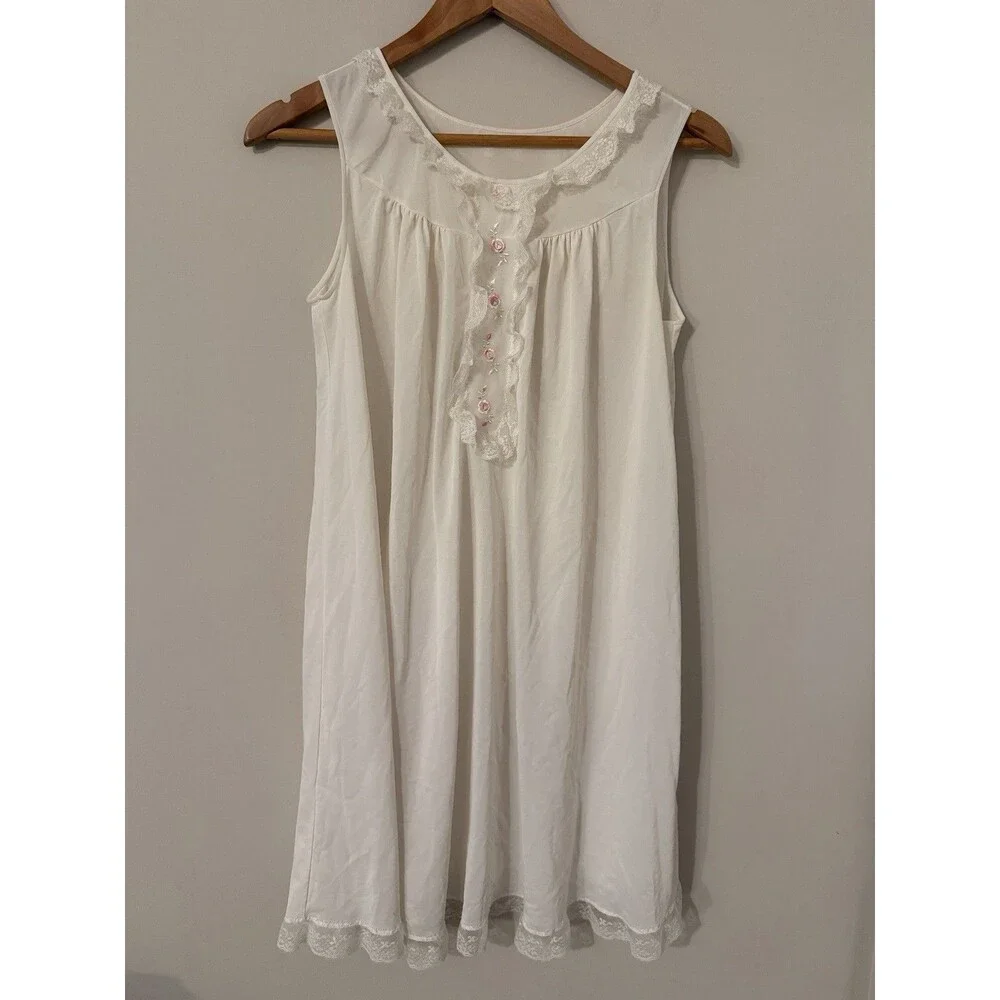 Vintage 80’s Shadowline Ivory Gown & Short Robe Set Womens Small Lace Trim